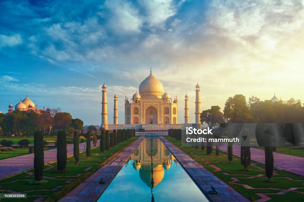 Taj Mahal in Agra, India at sunrise Taj Mahal, monument in Agra (Uttar Pradesh, India) Taj Mahal Stock Photo