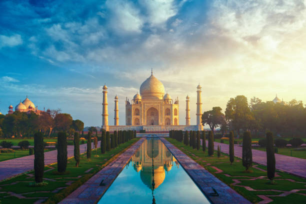 Taj Mahal in Agra, India at sunrise stock photo