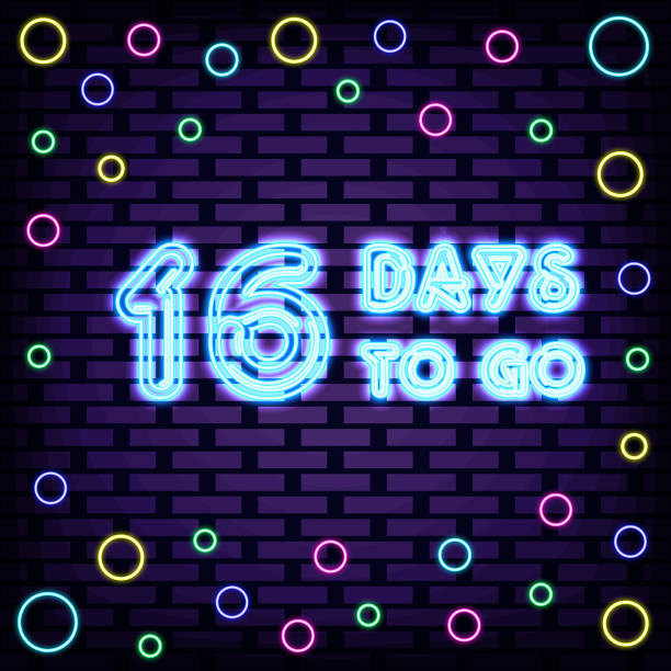 istock 16 Days To Go Badge in neon style. Bright signboard. Light art. 1438304426