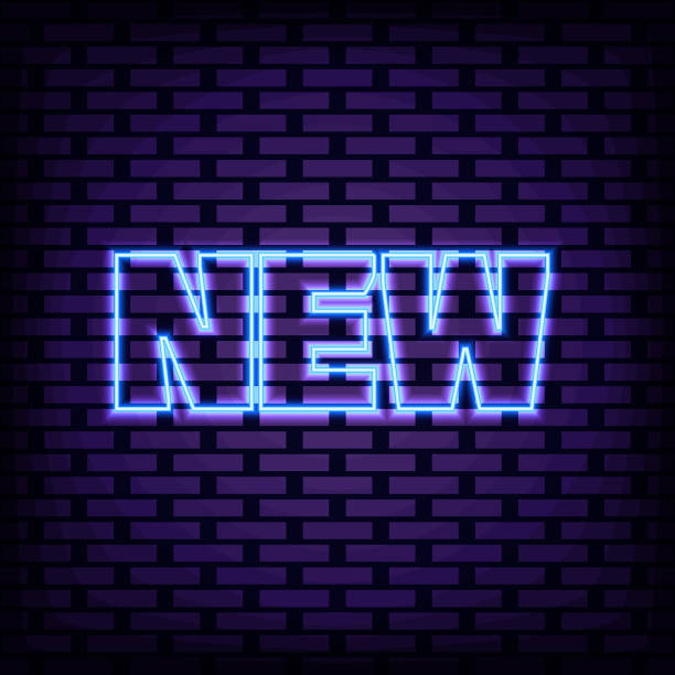 istock New Badge in neon style. On brick wall background. Neon text. 1438304446