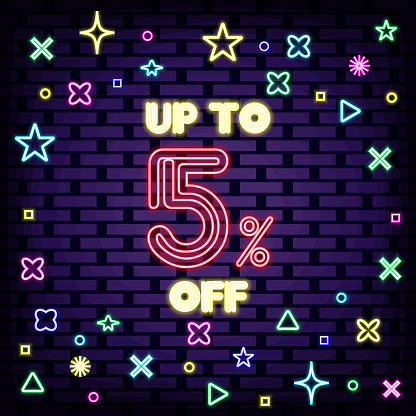 Up to 5% off, sale Neon sign. Glowing with colorful neon light. Announcement neon signboard. Design element. Vector Illustration