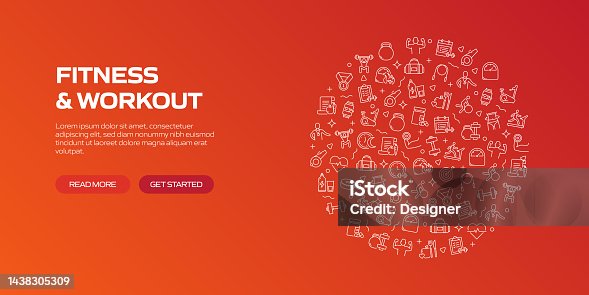 istock FITNESS AND WORKOUT Web Banner with Linear Icons, Trendy Linear Style Vector 1438305309