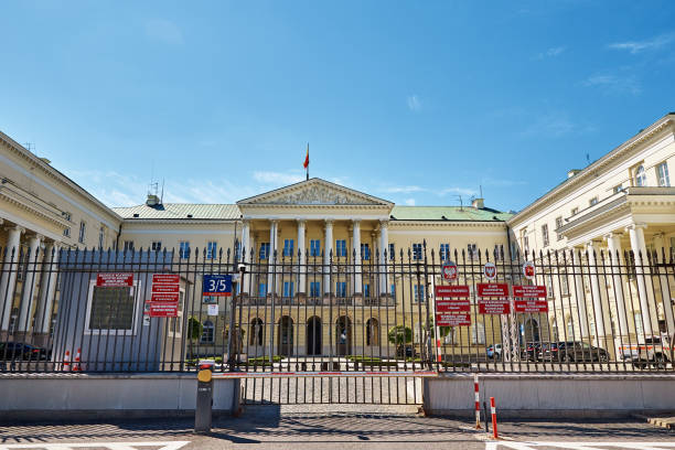 Administrative state building behind a fence in Warsaw. Warsaw, Poland - September 4, 2022