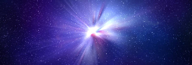 istock Burst of light in space. Night blue starry sky horizontal background banner 1438306785