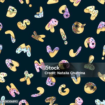istock Latin letters sweet cookies with icing and confectionery sprinkles, multicolored. Watercolor illustration. Seamless pattern on a dark background from the collection of ICE CREAM and SWEETS. 1438306893