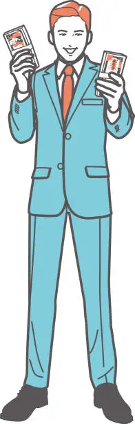 Vector illustration of Businessman holding a wad of bills in both hands, full-length portrait.