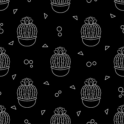 Seamless pattern with cute hand-drawn cacti black background. Vector illustration doodle style.