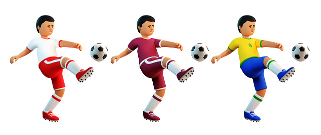 3d football player kicks the ball. Cartoon soccer player. 3d render