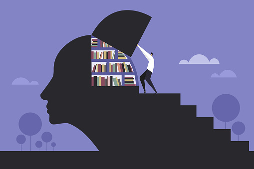 Conceptual illustration of a person opening a human brain filled with books