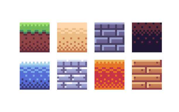 Square tile pixel art set. Different ground texture grid collection. 8 bit sprite. Game development, mobile app. Isolated vector illustration. minecraft floor patterns stock illustrations