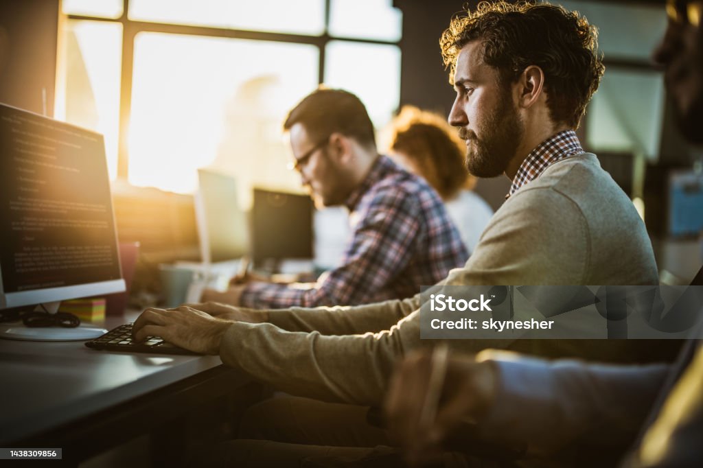 Programer Look Profile View Of Male Programmer Coding Computer Language On Pc In The ...