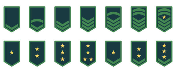 ilustraciones, imágenes clip art, dibujos animados e iconos de stock de icono de rango del ejército. insignia militar insignia símbolo verde. logotipo de chevron yellow star and stripes. soldado sargento, mayor, oficial, general, teniente, coronel emblema. ilustración vectorial aislada - sergeant marines patch military