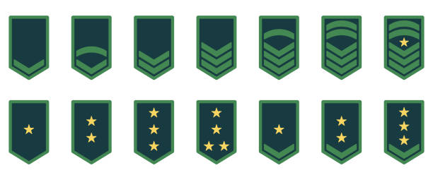 陸軍ランクアイコン。軍用バッジ記章 緑色のシンボル。シェブロンイエロースターとストライプのロゴ。兵士軍曹、少佐、将校、将軍、中尉、エンブレム大佐。分離ベクターイラストレーシ - marines patch insignia military点のイラスト素材／クリップアート素材／マンガ素材／アイコン素材