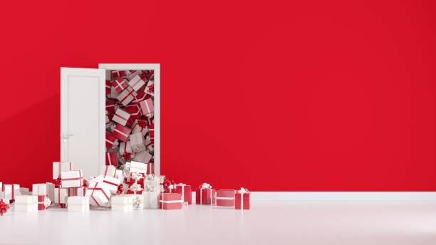 białe pudełko wypadają przez otwarte drzwi w czerwonym pokoju z miejscem na kopiowanie. świąteczna koncepcja sezonowa 3d nowego roku. - new year wall door decoration zdjęcia i obrazy z banku zdjęć