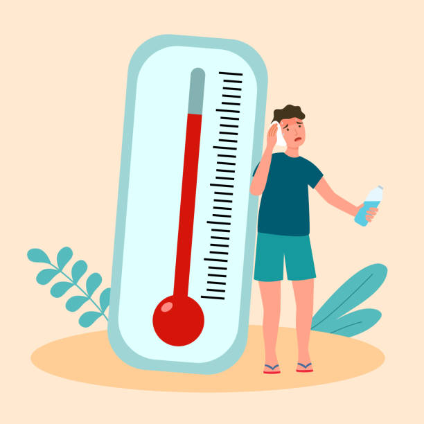 Man suffering from heat and sweaty dehydration holding temperature with strong sunlight in flat design. Hot summer day. vector art illustration