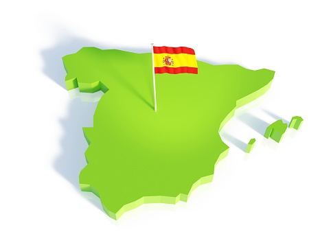 A 3d rendering of a map and a flag of Spain isolated on a white background.
