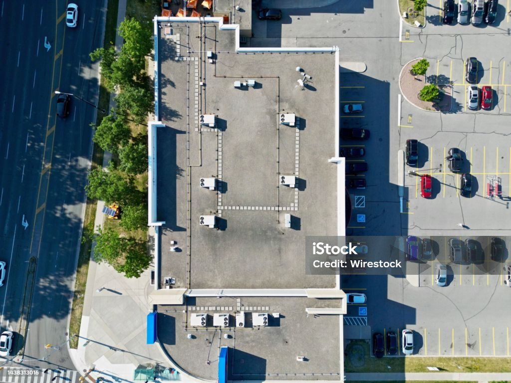 View of busy street and car parking from the air, Peterborough, Canada A view of busy street and car parking from the air, Peterborough, Canada Aerial View Stock Photo