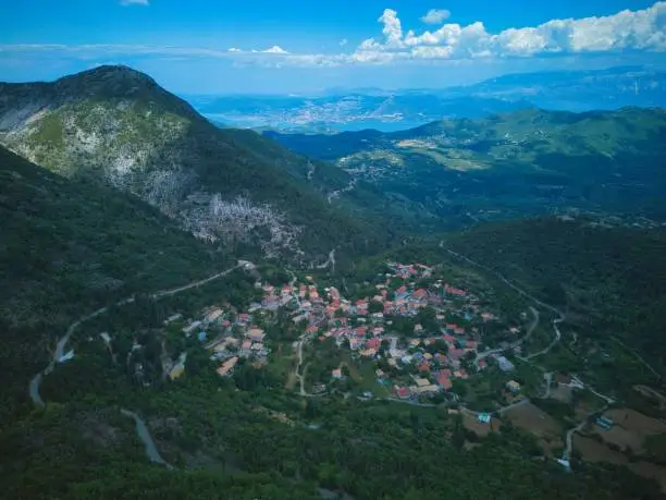 The aerial view of Eglouvi village in the mountains of Lefkada under the blue sky