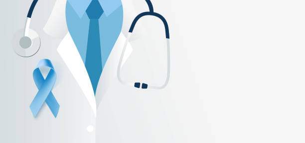 illustrazioni stock, clip art, cartoni animati e icone di tendenza di sfondo medico con primo piano del medico maschio con stetoscopio e nastro blu sul petto. - oncologo