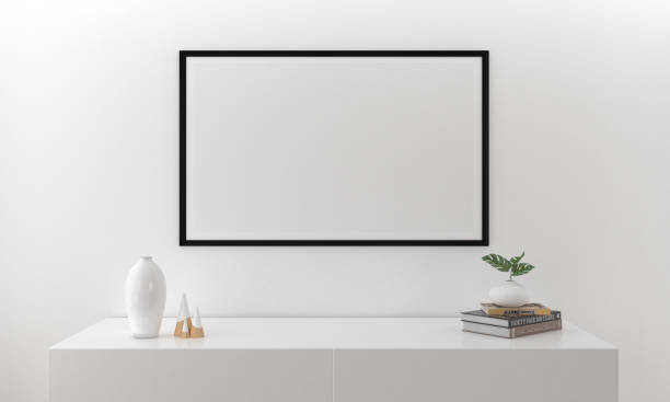 istock 3d render of a blank frame on a shelf with vases and books 1438315588