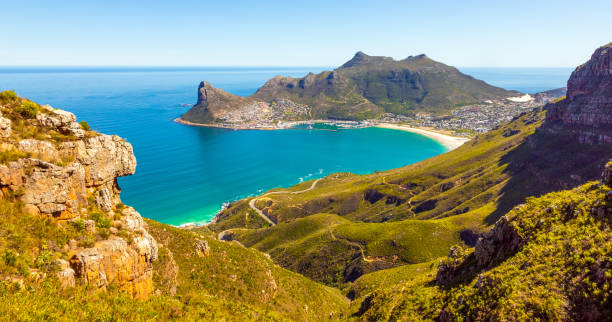 paesaggio montano costiero di hout bay con flora fynbos a città del capo - provincia del capo occidentale foto e immagini stock