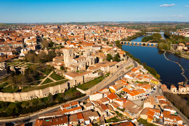 drone view of zamora on duero river overlooking medieval cathedral - valley wall imagens e fotografias de stock