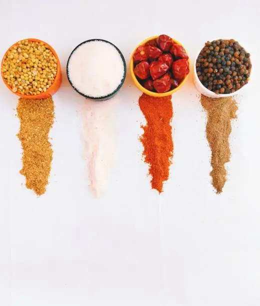 Spices indian spice masala Indian masale aromatic flavoring cooking herbal foodspices coriander blackpepper redpepper salt whole and powdered grinded dry ingredients closeup view image photo