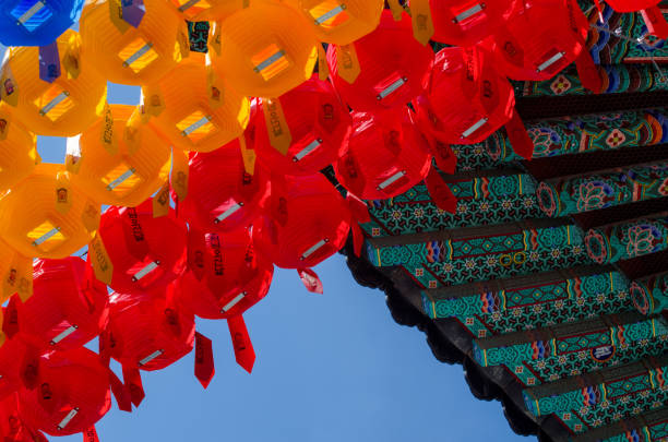Colorful lanterns decorating the Jogyesa Temple in the Insadong area, Seoul, South Korea.