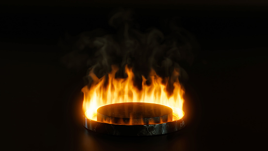 Marble podium with flames, fire podium, 3d render