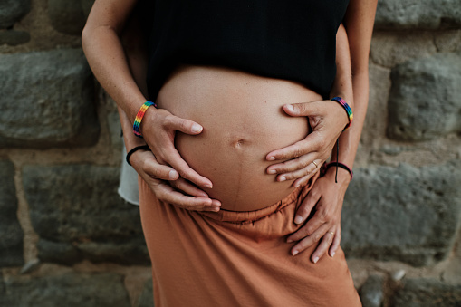 A closeup of a lesbian couple holding their belly bump in a park - pregnancy
