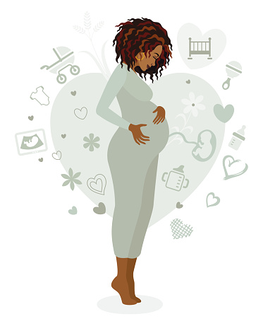 Happy Pregnant African Woman holding her belly.