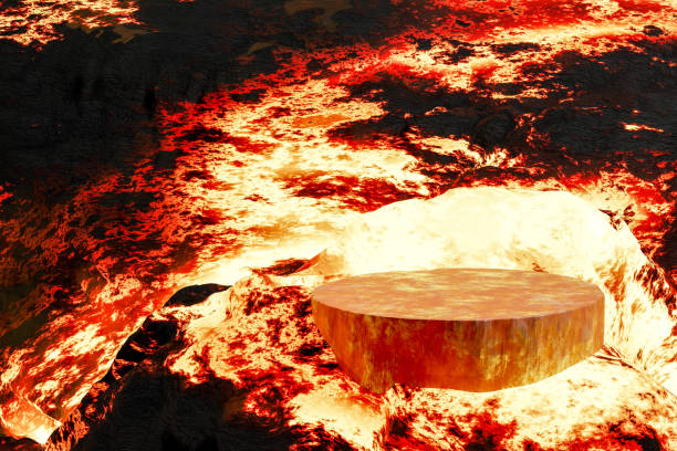3D render Platform and natural podium on volcano with magma and lava erupt backdrop for product display, Blank showcase, mock up template or cosmetic presentation with empty round stage