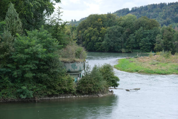 An old World war 2 bunker next to rivers in Switzerland