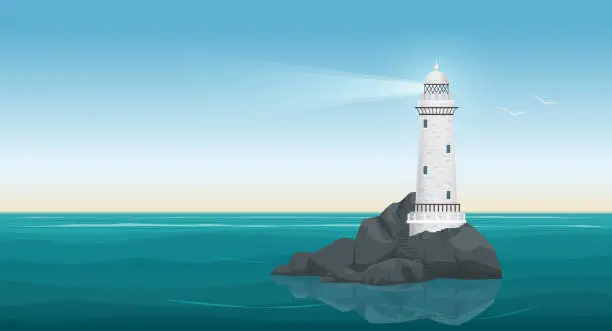 Vector illustration of Lighthouse in sea landscape, harbor at dawn or sunset, seaside beacon with searchlight