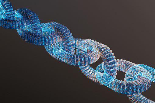 Wire blockchain with cubes on brown background, CGI.
