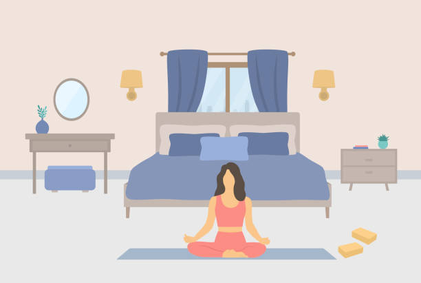 Young Woman Sitting In Lotus Position, Practising Yoga And Meditation In Bedroom Young Woman Sitting In Lotus Position, Practising Yoga And Meditation In Bedroom meditation room stock illustrations