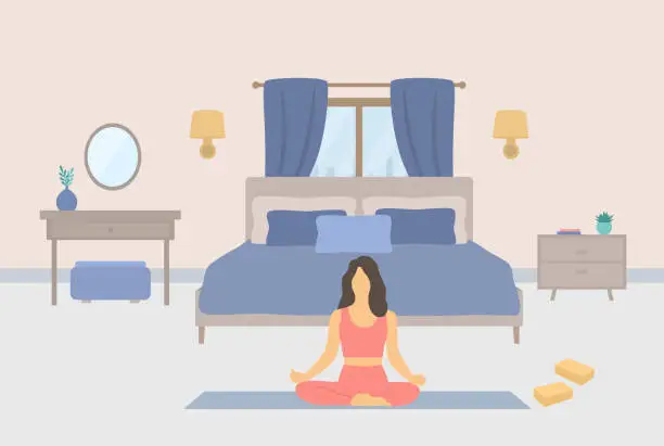 Vector illustration of Young Woman Sitting In Lotus Position, Practising Yoga And Meditation In Bedroom