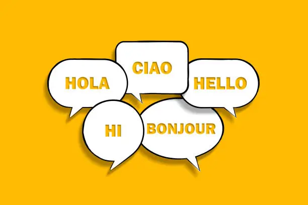 Hello in many different languages with speech bubbles