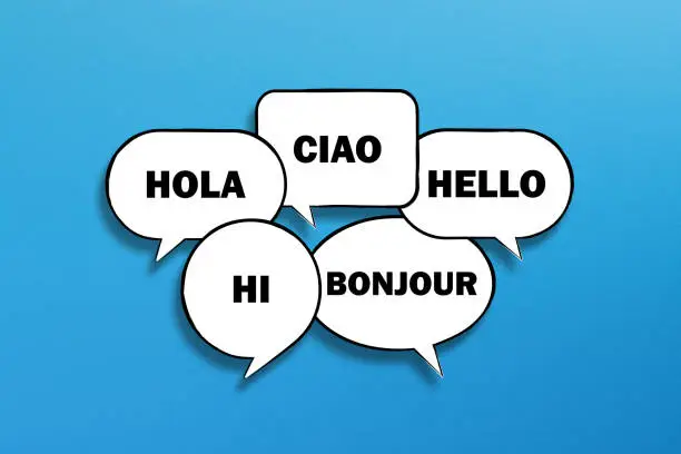 Hello in many different languages with speech bubbles