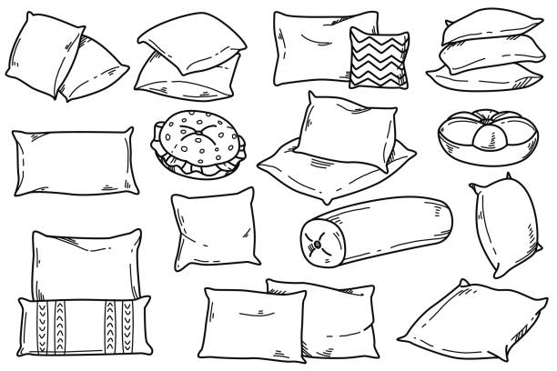 Doodle hand drawn pillows for sleep, rest and bedroom decoration Doodle drawing set of soft pillow for sleep, rest and bedroom decoration. Hand drawn cozy feather cushions different shapes for bed and sofa on white background. Decorative comfy orthopedic pillows. cushion stock illustrations