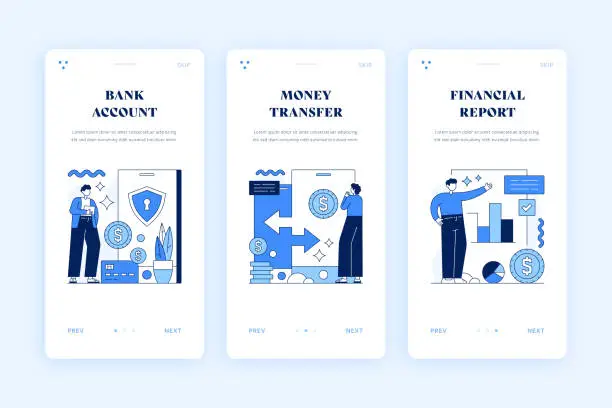 Vector illustration of Bank Account, Money Transfer, Financial Report Onboarding Mobile Screen Template