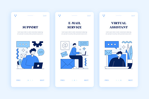 Customer Support, Virtual Assistant, IT Support Vector Illustrations for Onboarding Mobile Screen Templates.