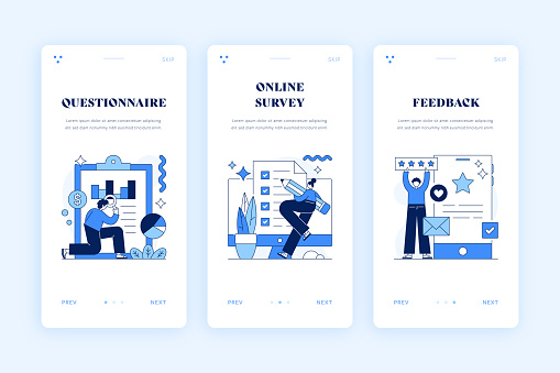 Feedback, Online Survey and Questionnaire Vector Illustrations for Onboarding Mobile Screen Templates.