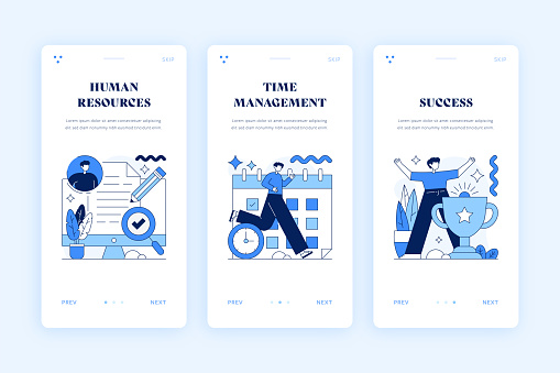 Human Resources, Success and Time Management Vector Illustrations for Onboarding Mobile Screen Templates.
