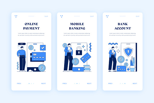 Electronic Banking, Online Payment and Bank Account Vector Illustrations for Onboarding Mobile Screen Templates.