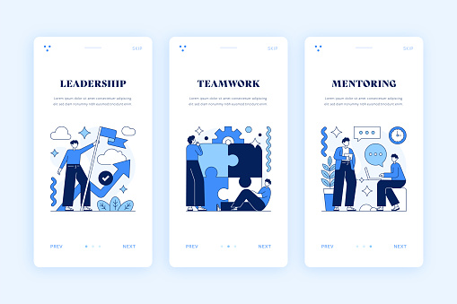 Teamwork, Leadership and Mentoring Vector Illustrations for Onboarding Mobile Screen Templates.