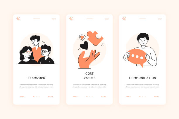 stockillustraties, clipart, cartoons en iconen met core values concept onboarding mobile phone screen template - onboarding