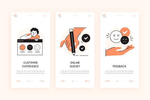 Customer Experience, Online Survey, Feedback Cartoon Style Vector Illustrations for User Onboarding Mobile Phone Screen Template.