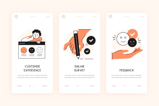 Customer Survey Illustration for Onboarding Mobile Phone Screen Template Customer Experience, Online Survey, Feedback Cartoon Style Vector Illustrations for User Onboarding Mobile Phone Screen Template. positive negative slide stock illustrations