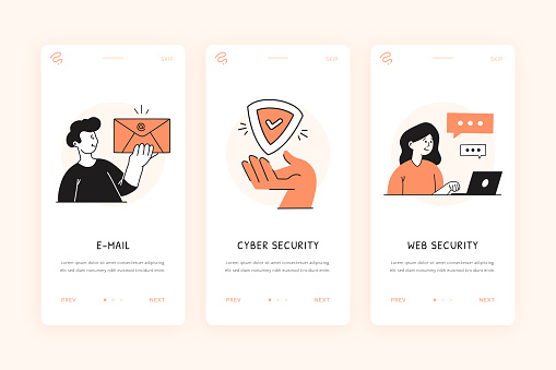 Cyber Security, Web Security, E-Mail Virus Cartoon Style Vector Illustrations for User Onboarding Mobile Phone Screen Template. A young man holding an envelope, A human hand holding a shield with a check mark, A young woman using laptop.